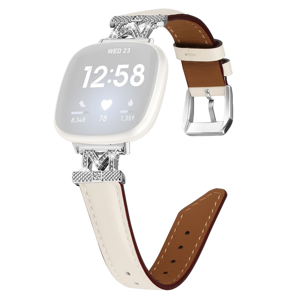 For Fitbit Versa 3 Versa 4 Sense Sense 2 M Shape Rhinestone Decor Genuine Cowhide Leather Watch Strap with Silver Buckle For Fitbit Versa 3 Versa 4 Sense Sense 2 M Shape Rhinestone Decor Genuine Cowhide Leather Watch Strap with Silver Buckle